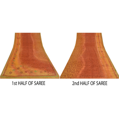 Sanskriti Vintage Sarees Orange Hand Beaded Pure Crepe Sari 5yd Craft Sustainable Fabric