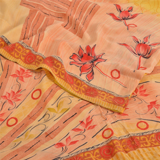 Sanskriti Vintage Sarees Yellow Pure Crepe Silk Printed Sari 5yd Craft Sustainable Fabric