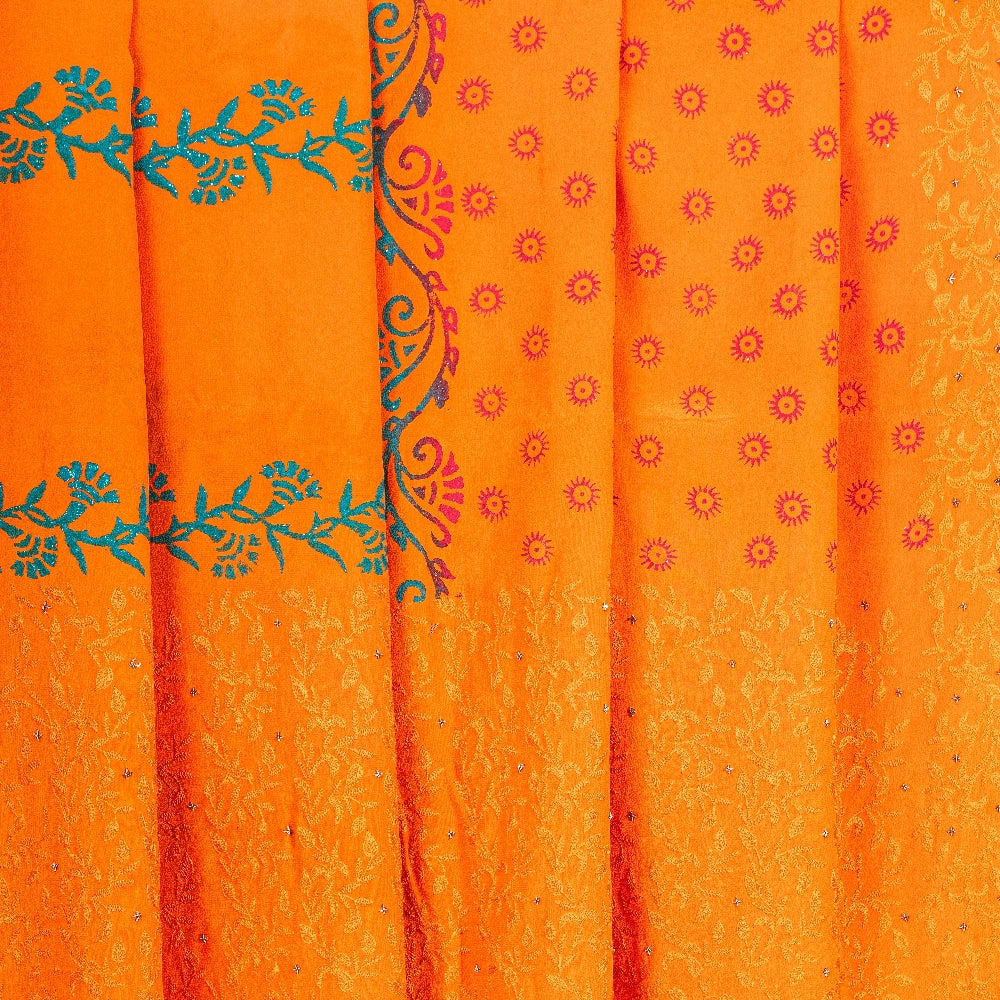 Sanskriti Vintage Sarees Hand Made Zardozi & Paint Orange Pure Crepe 5+YD Sari