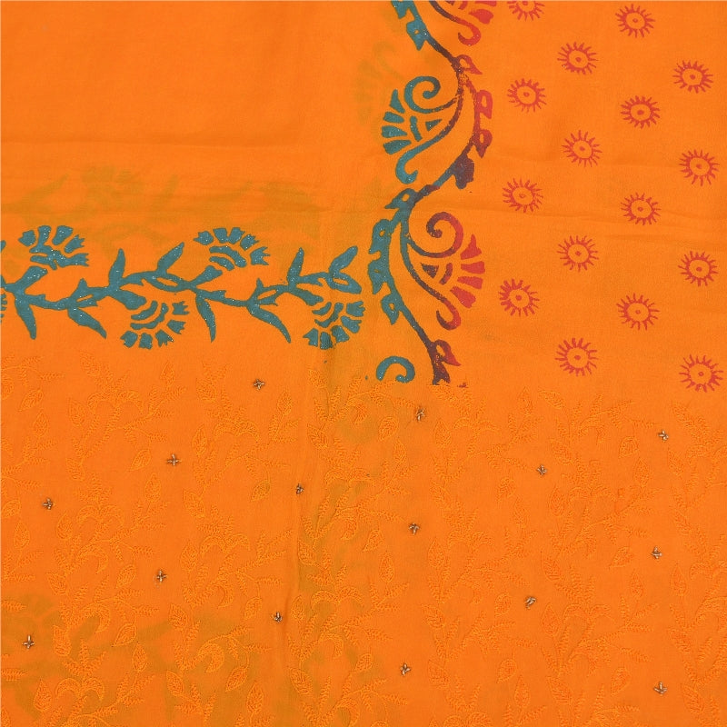 Sanskriti Vintage Sarees Hand Made Zardozi & Paint Orange Pure Crepe 5+YD Sari