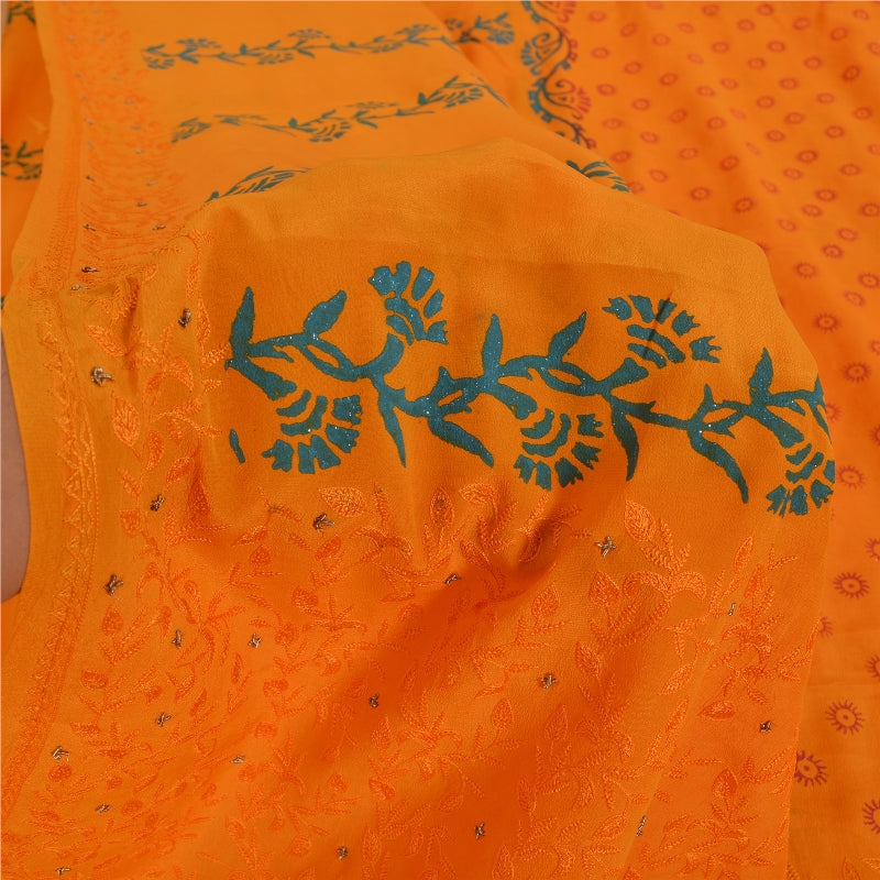 Sanskriti Vintage Sarees Hand Made Zardozi & Paint Orange Pure Crepe 5+YD Sari