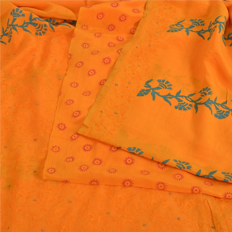 Sanskriti Vintage Sarees Hand Made Zardozi & Paint Orange Pure Crepe 5+YD Sari
