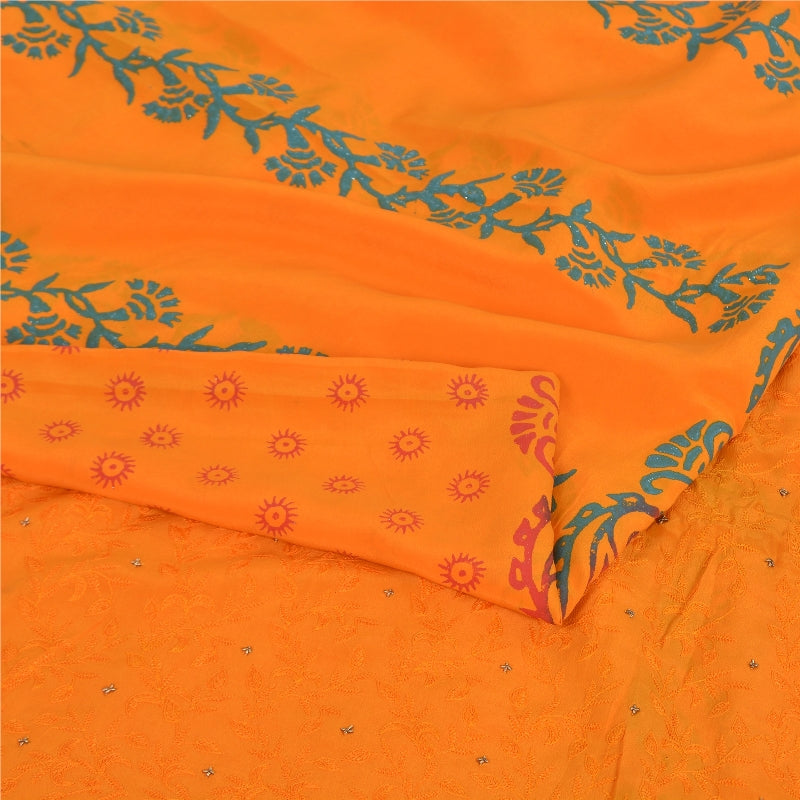 Sanskriti Vintage Sarees Hand Made Zardozi & Paint Orange Pure Crepe 5+YD Sari