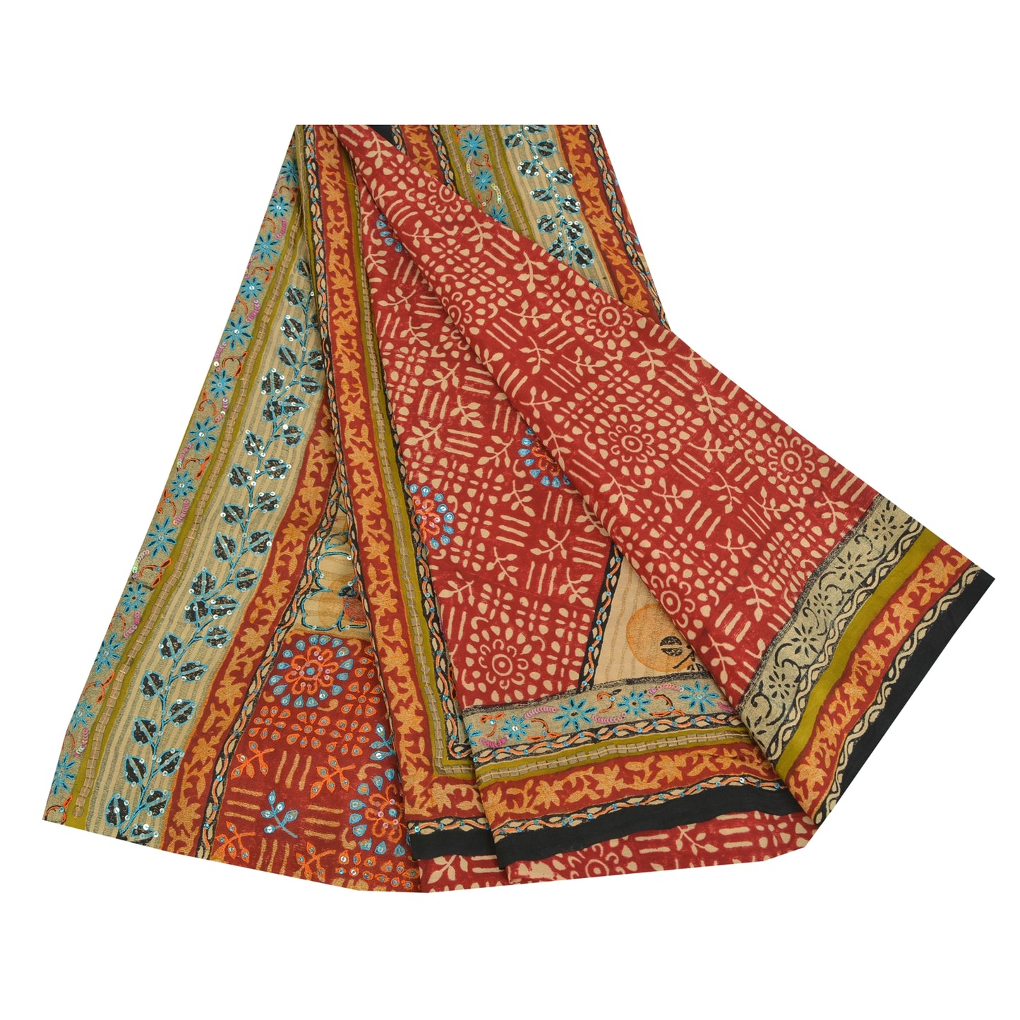 Sanskriti Vintage Sarees Red Hand Beaded Pure Crepe Print Sari 5yd Craft Sustainable Fabric