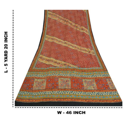 Sanskriti Vintage Sarees Red Hand Beaded Pure Crepe Print Sari 5yd Craft Sustainable Fabric