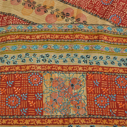 Sanskriti Vintage Sarees Red Hand Beaded Pure Crepe Print Sari 5yd Craft Sustainable Fabric