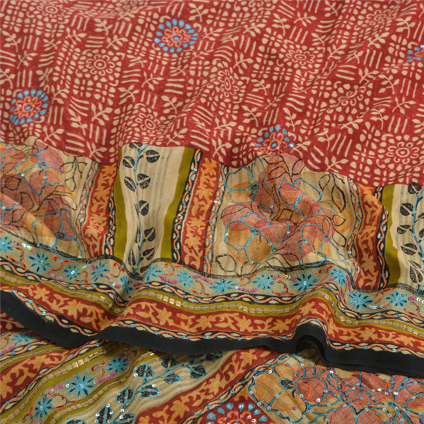 Sanskriti Vintage Sarees Red Hand Beaded Pure Crepe Print Sari 5yd Craft Sustainable Fabric