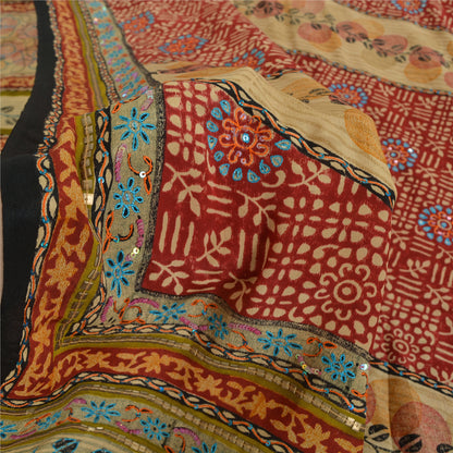Sanskriti Vintage Sarees Red Hand Beaded Pure Crepe Print Sari 5yd Craft Sustainable Fabric