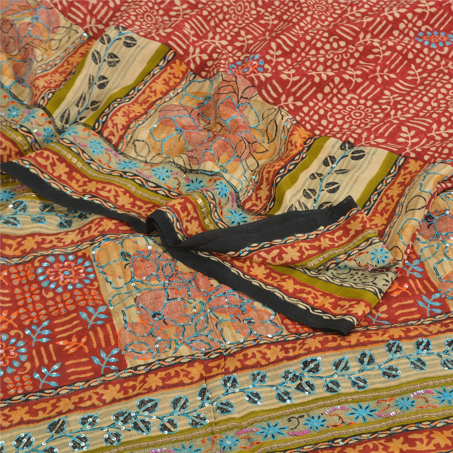 Sanskriti Vintage Sarees Red Hand Beaded Pure Crepe Print Sari 5yd Craft Sustainable Fabric