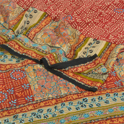 Sanskriti Vintage Sarees Red Hand Beaded Pure Crepe Print Sari 5yd Craft Sustainable Fabric