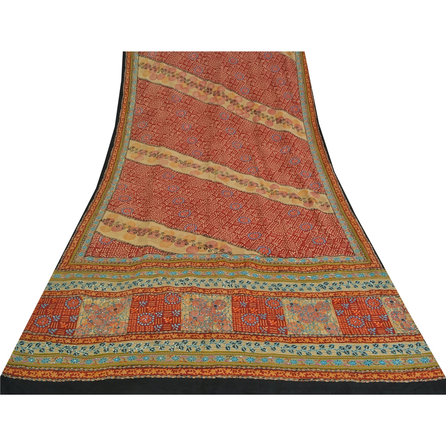 Sanskriti Vintage Sarees Red Hand Beaded Pure Crepe Print Sari 5yd Craft Sustainable Fabric