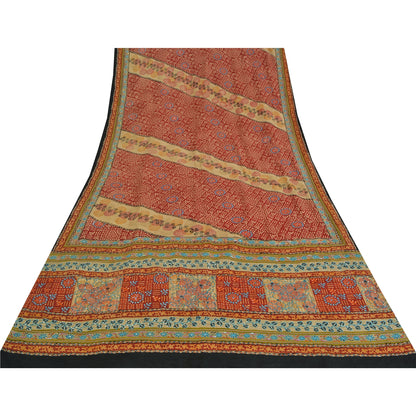 Sanskriti Vintage Sarees Red Hand Beaded Pure Crepe Print Sari 5yd Craft Sustainable Fabric