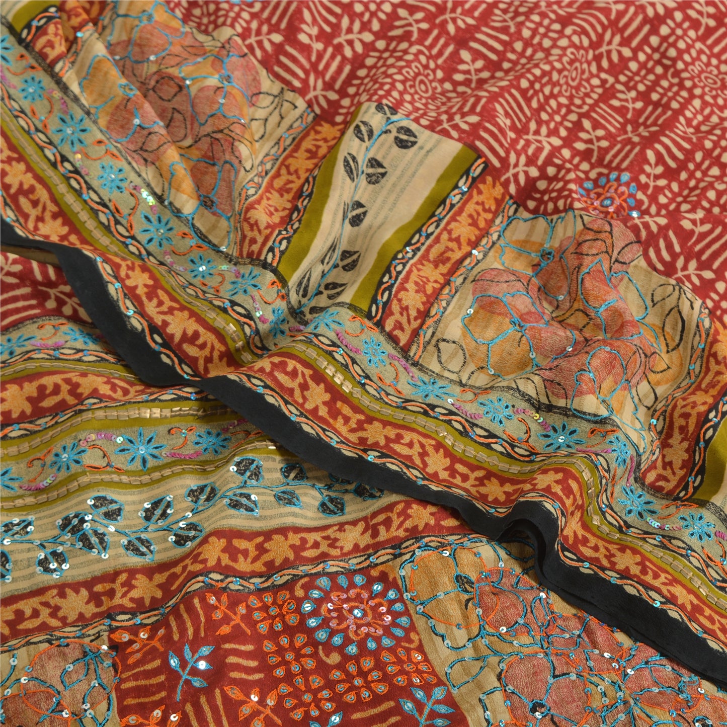 Sanskriti Vintage Sarees Red Hand Beaded Pure Crepe Print Sari 5yd Craft Sustainable Fabric