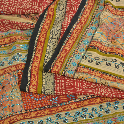 Sanskriti Vintage Sarees Red Hand Beaded Pure Crepe Print Sari 5yd Craft Sustainable Fabric