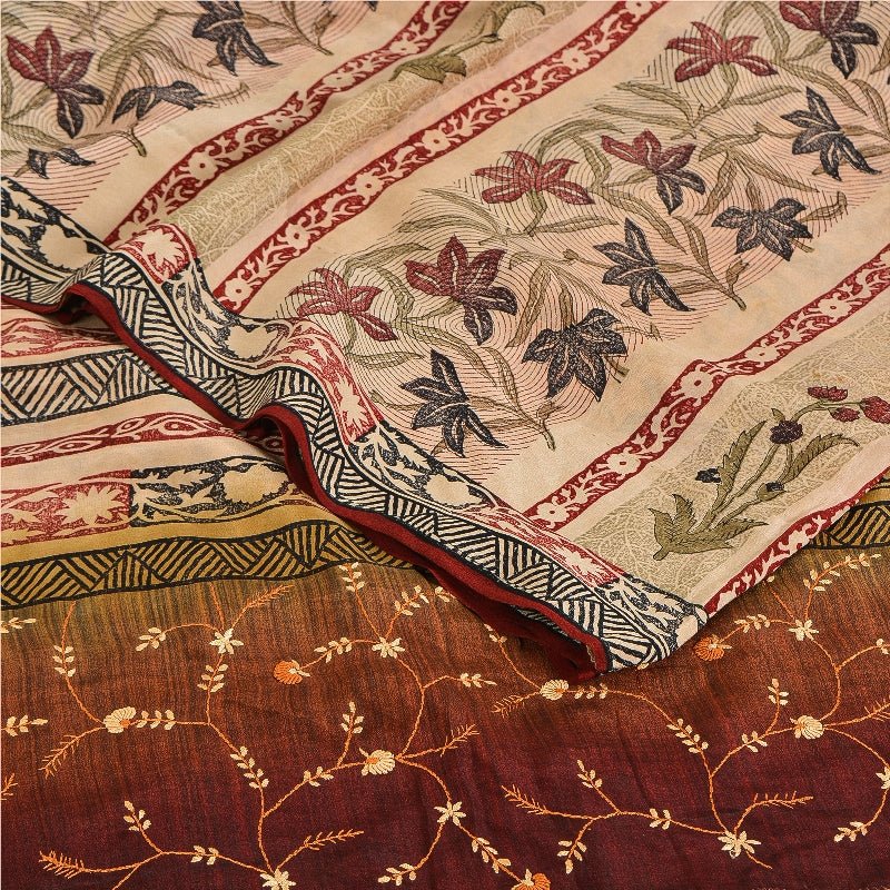 Sanskriti Vintage Sarees Hand Embroidery Suzani Pure Crepe Printed Sari Sustainable Fabric
