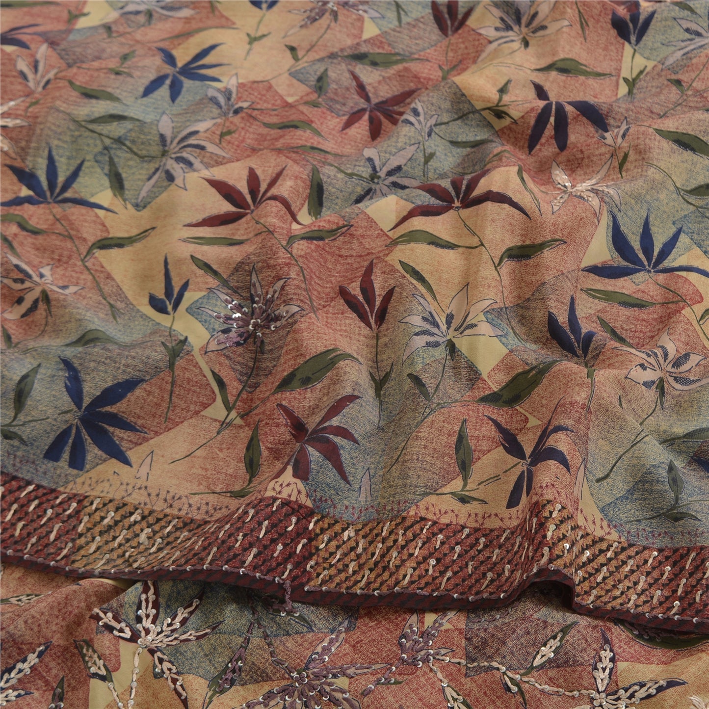 Sanskriti Vintage Sarees Hand Beaded Pure Crepe Silk Printed Sari Floral Sustainable Fabric