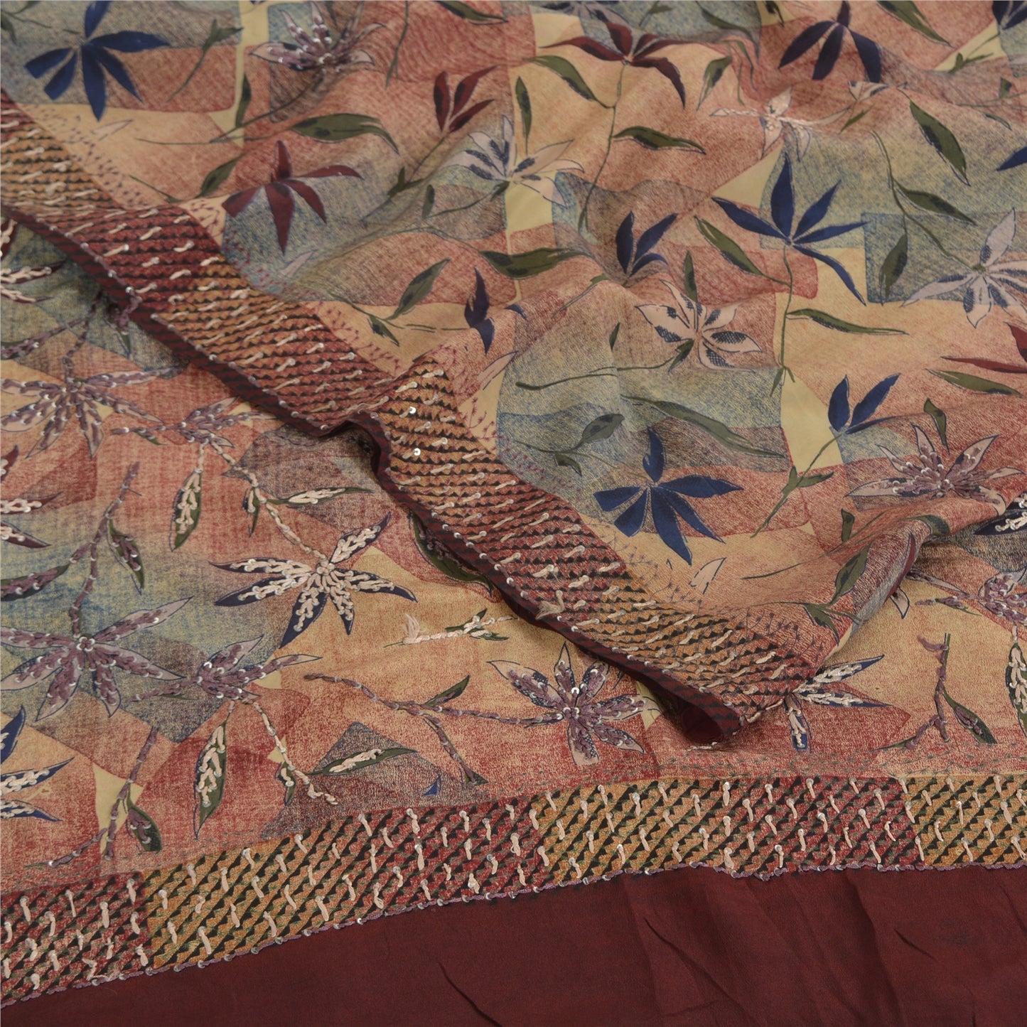 Sanskriti Vintage Sarees Hand Beaded Pure Crepe Silk Printed Sari Floral Sustainable Fabric