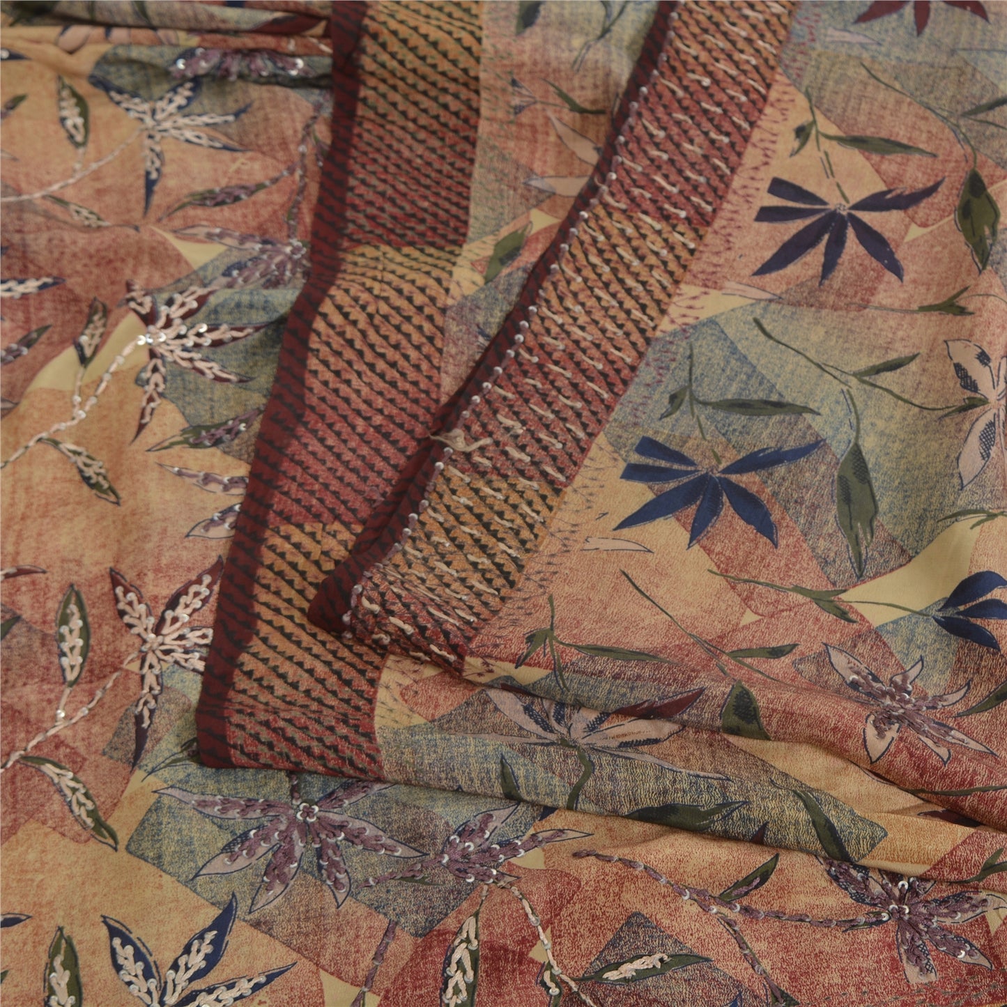 Sanskriti Vintage Sarees Hand Beaded Pure Crepe Silk Printed Sari Floral Sustainable Fabric