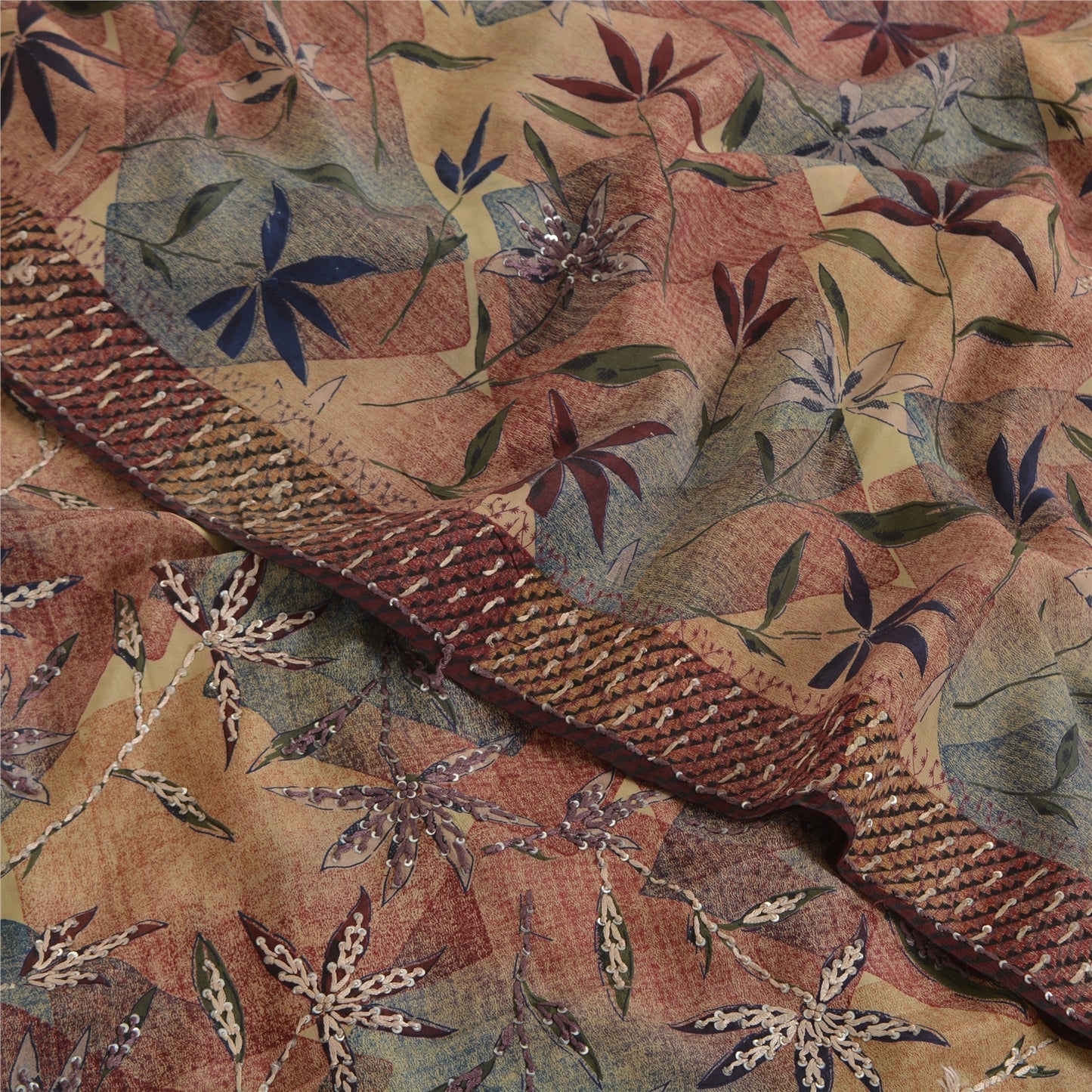 Sanskriti Vintage Sarees Hand Beaded Pure Crepe Silk Printed Sari Floral Sustainable Fabric