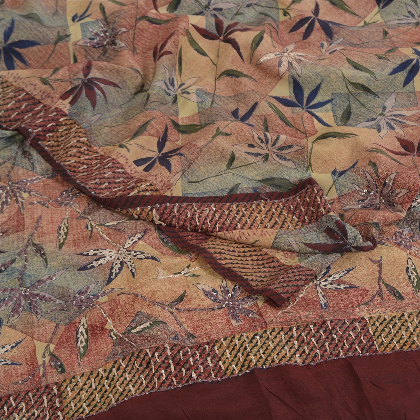 Sanskriti Vintage Sarees Hand Beaded Pure Crepe Silk Printed Sari Floral Sustainable Fabric