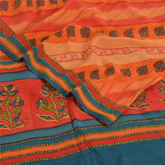 Sanskriti Vintage Sarees Multicolor Pure Crepe Silk Print Sari 5yd Craft Sustainable Fabric