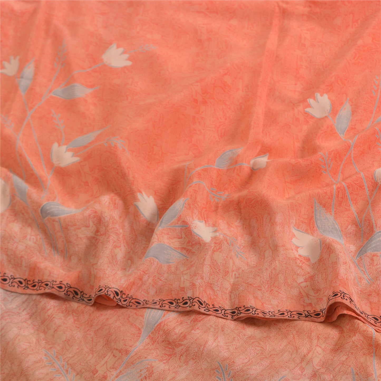 Sanskriti Vintage Sarees Peach Pure Crepe Silk Printed Sari 5yd SoftCraft Sustainable Fabric