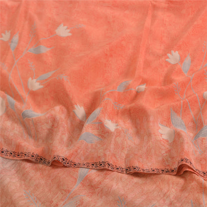 Sanskriti Vintage Sarees Peach Pure Crepe Silk Printed Sari 5yd SoftCraft Sustainable Fabric