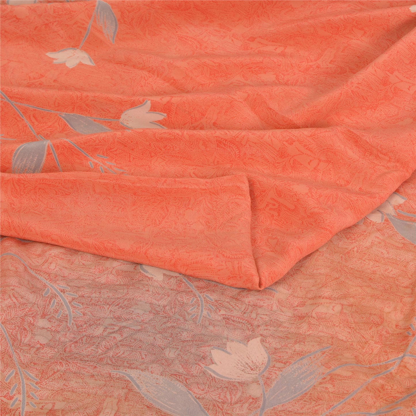 Sanskriti Vintage Sarees Peach Pure Crepe Silk Printed Sari 5yd SoftCraft Sustainable Fabric