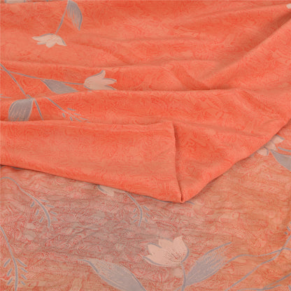 Sanskriti Vintage Sarees Peach Pure Crepe Silk Printed Sari 5yd SoftCraft Sustainable Fabric