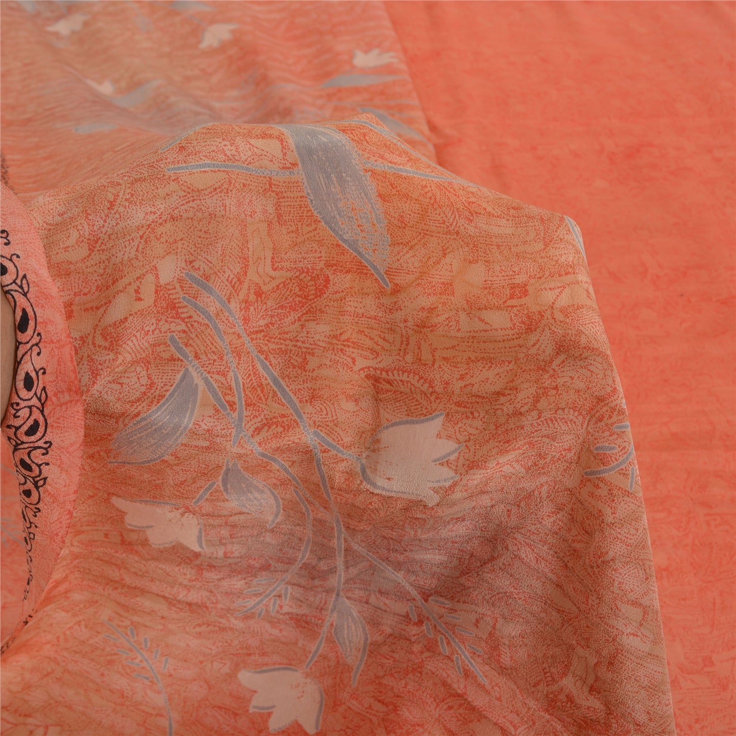 Sanskriti Vintage Sarees Peach Pure Crepe Silk Printed Sari 5yd SoftCraft Sustainable Fabric