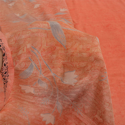 Sanskriti Vintage Sarees Peach Pure Crepe Silk Printed Sari 5yd SoftCraft Sustainable Fabric