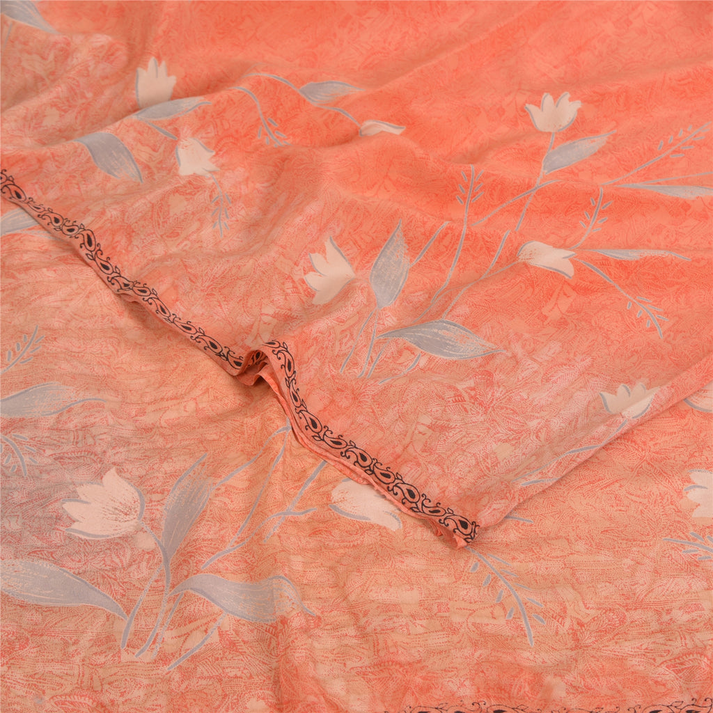 Sanskriti Vintage Sarees Peach Pure Crepe Silk Printed Sari 5yd SoftCraft Sustainable Fabric