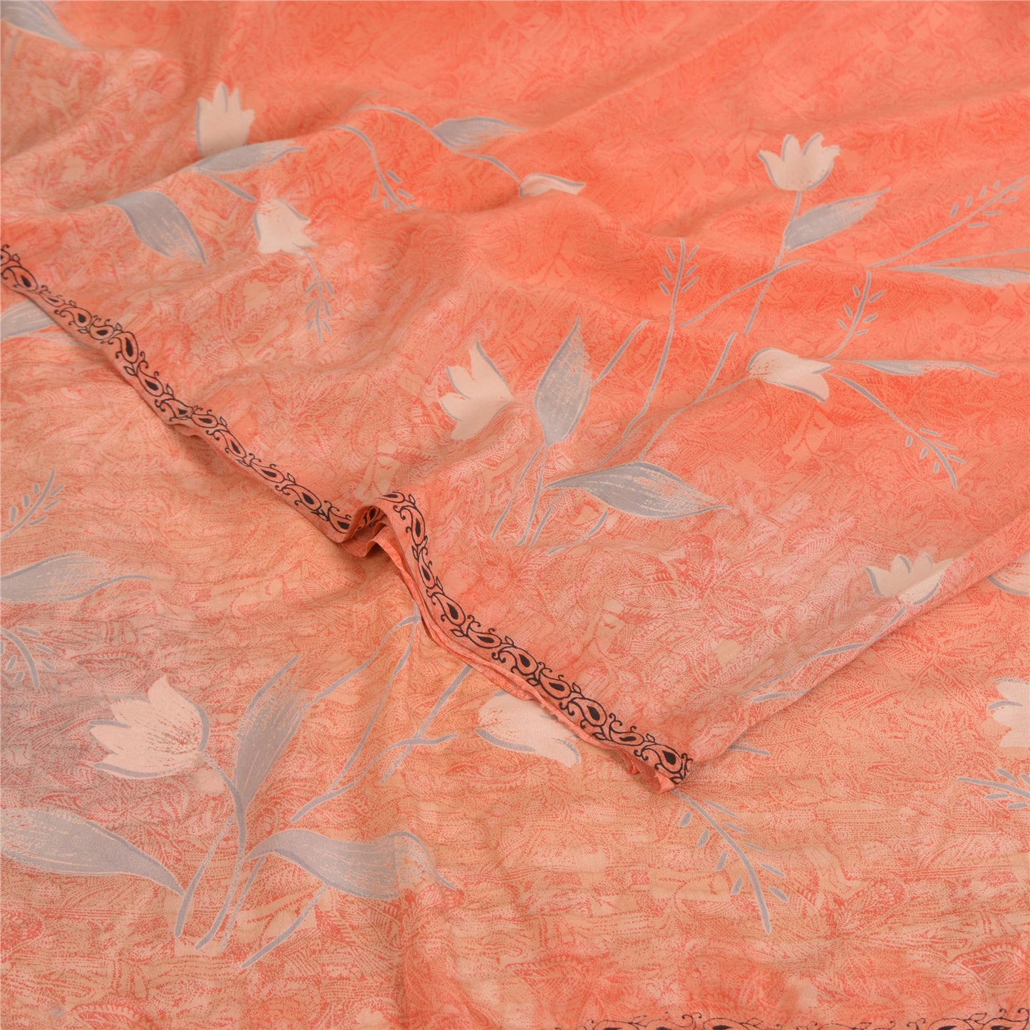 Sanskriti Vintage Sarees Peach Pure Crepe Silk Printed Sari 5yd SoftCraft Sustainable Fabric