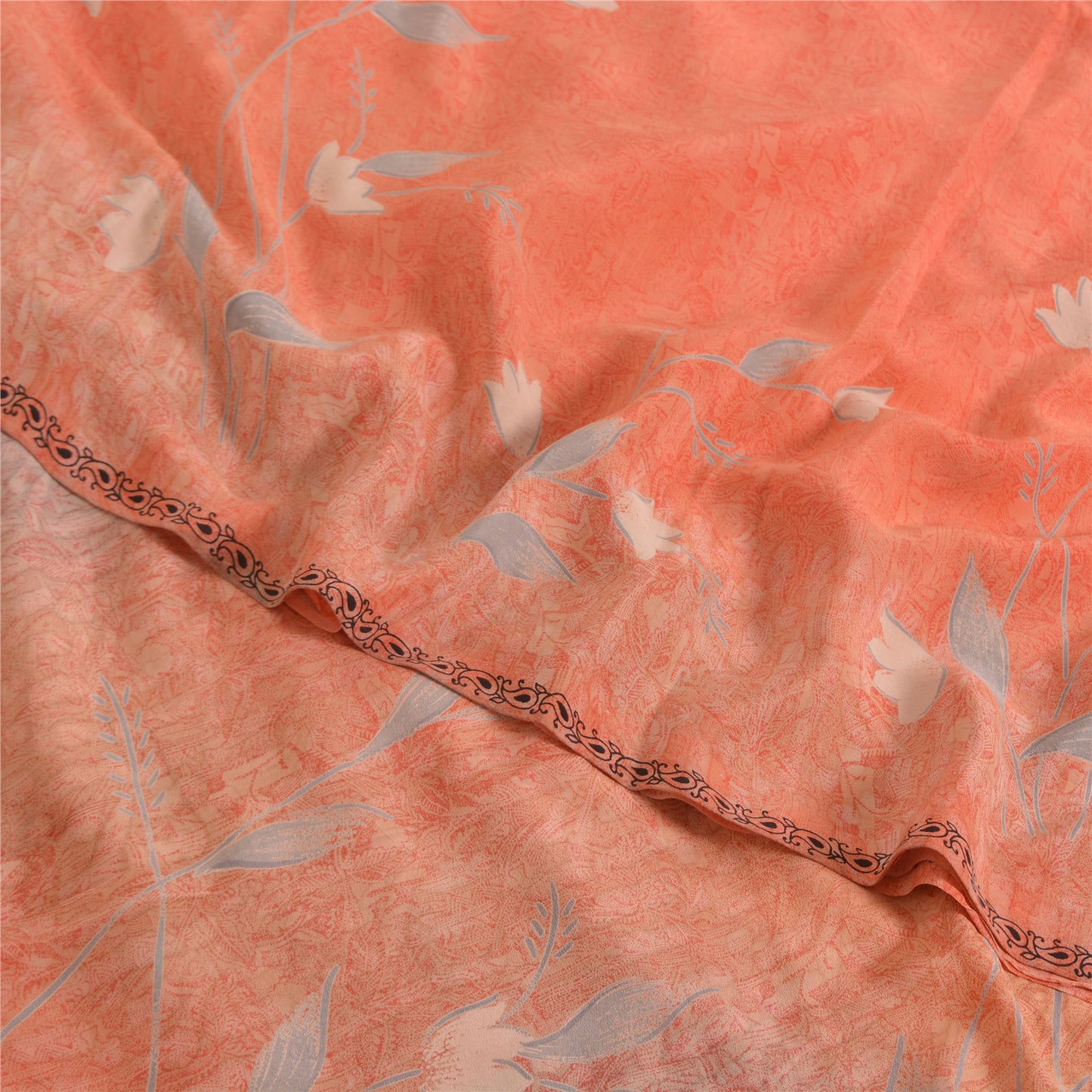 Sanskriti Vintage Sarees Peach Pure Crepe Silk Printed Sari 5yd SoftCraft Sustainable Fabric