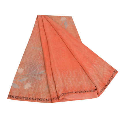 Sanskriti Vintage Sarees Peach Pure Crepe Silk Printed Sari 5yd SoftCraft Sustainable Fabric
