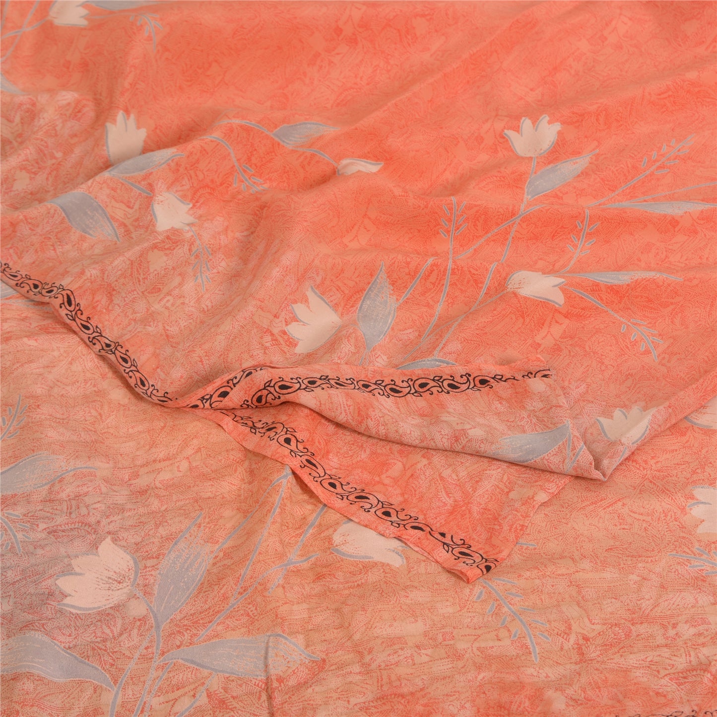 Sanskriti Vintage Sarees Peach Pure Crepe Silk Printed Sari 5yd SoftCraft Sustainable Fabric