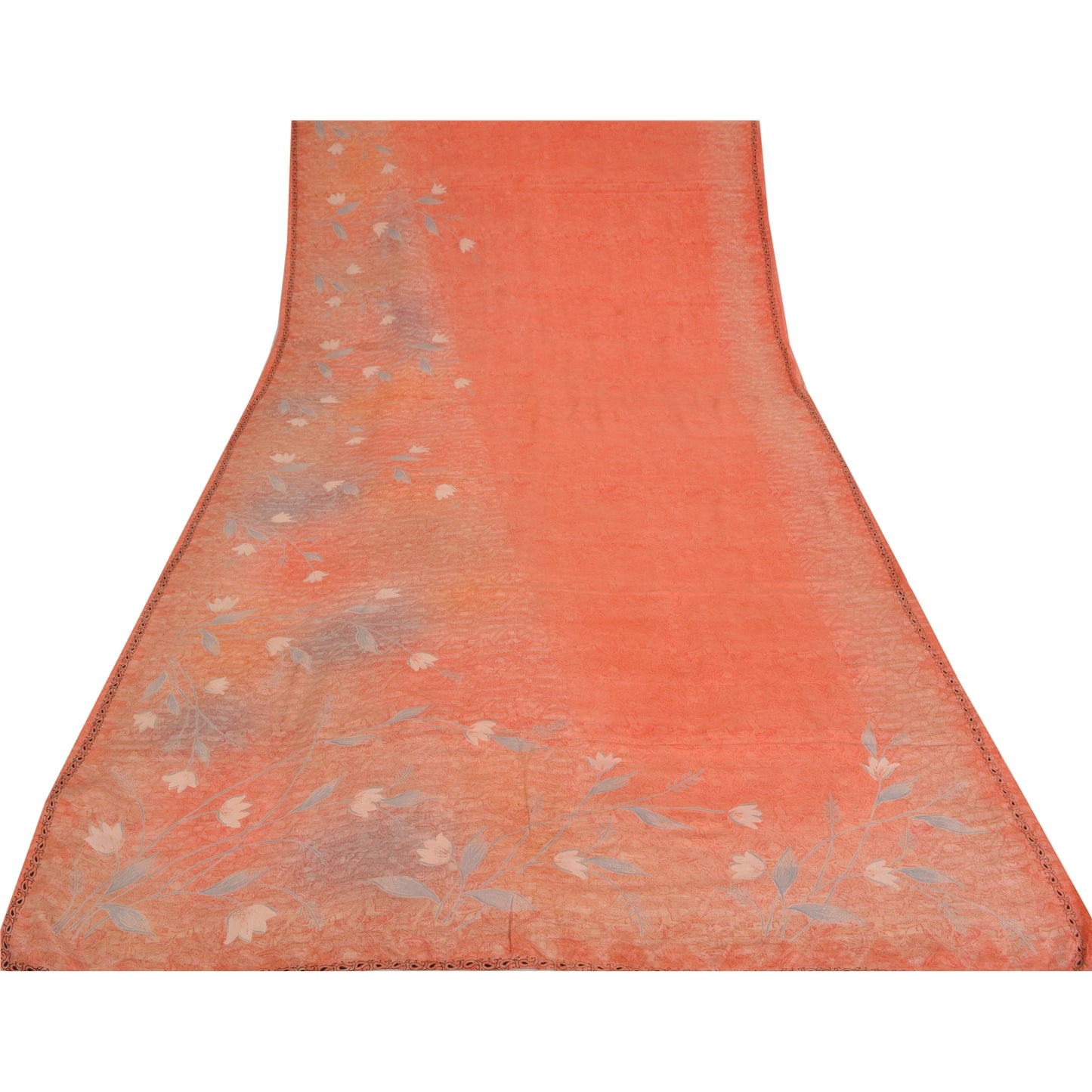 Sanskriti Vintage Sarees Peach Pure Crepe Silk Printed Sari 5yd SoftCraft Sustainable Fabric