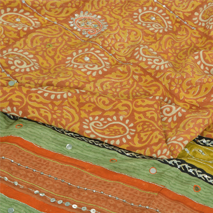 Sanskriti Vintage Sarees Orange Pure Crepe Hand Bead Sequins Printed Sari Sustainable Fabric