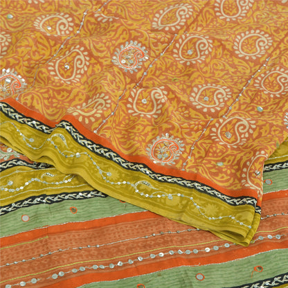 Sanskriti Vintage Sarees Orange Pure Crepe Hand Bead Sequins Printed Sari Sustainable Fabric