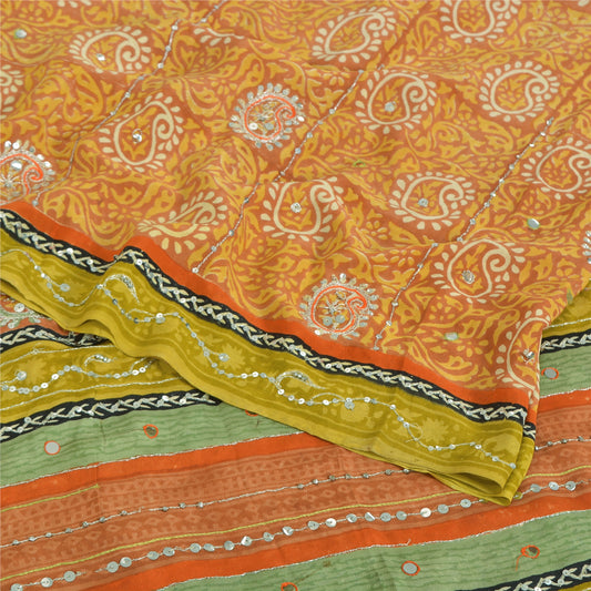 Sanskriti Vintage Sarees Orange Pure Crepe Hand Bead Sequins Printed Sari Sustainable Fabric