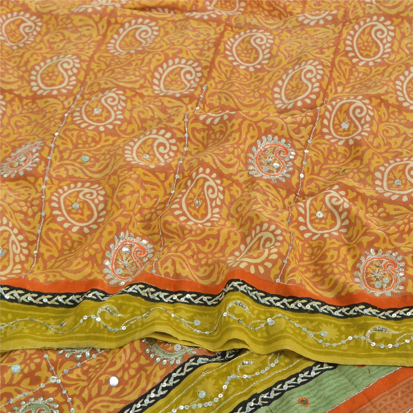 Sanskriti Vintage Sarees Orange Pure Crepe Hand Bead Sequins Printed Sari Sustainable Fabric