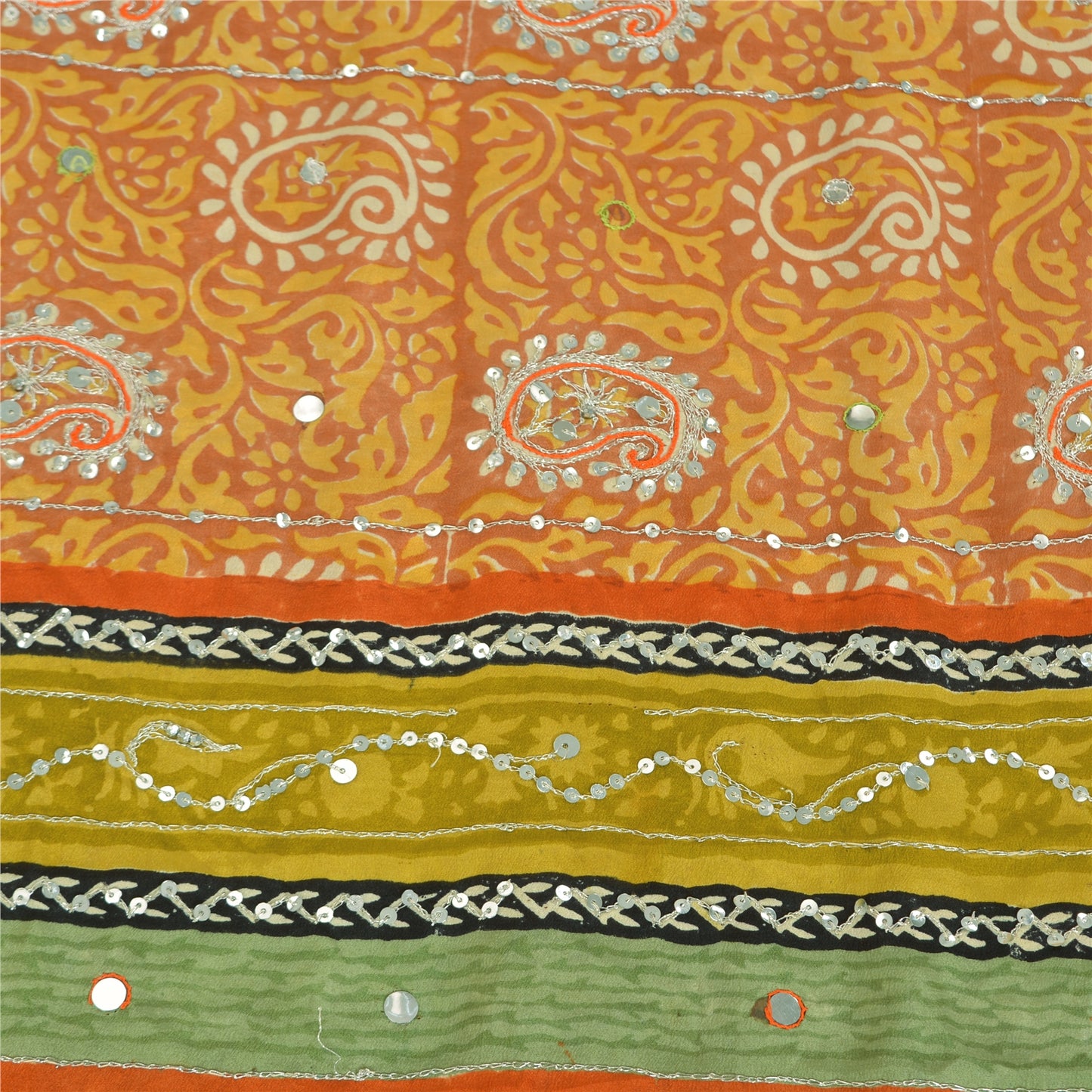 Sanskriti Vintage Sarees Orange Pure Crepe Hand Bead Sequins Printed Sari Sustainable Fabric