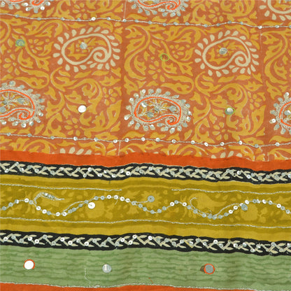 Sanskriti Vintage Sarees Orange Pure Crepe Hand Bead Sequins Printed Sari Sustainable Fabric