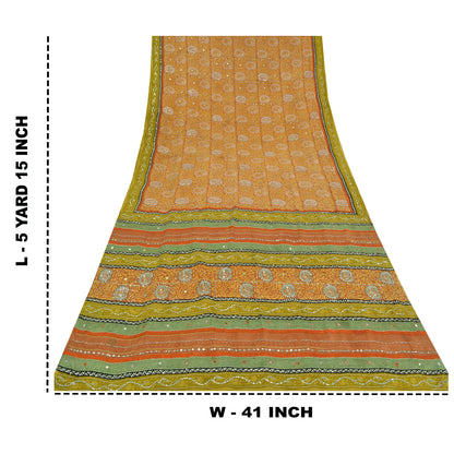 Sanskriti Vintage Sarees Orange Pure Crepe Hand Bead Sequins Printed Sari Sustainable Fabric
