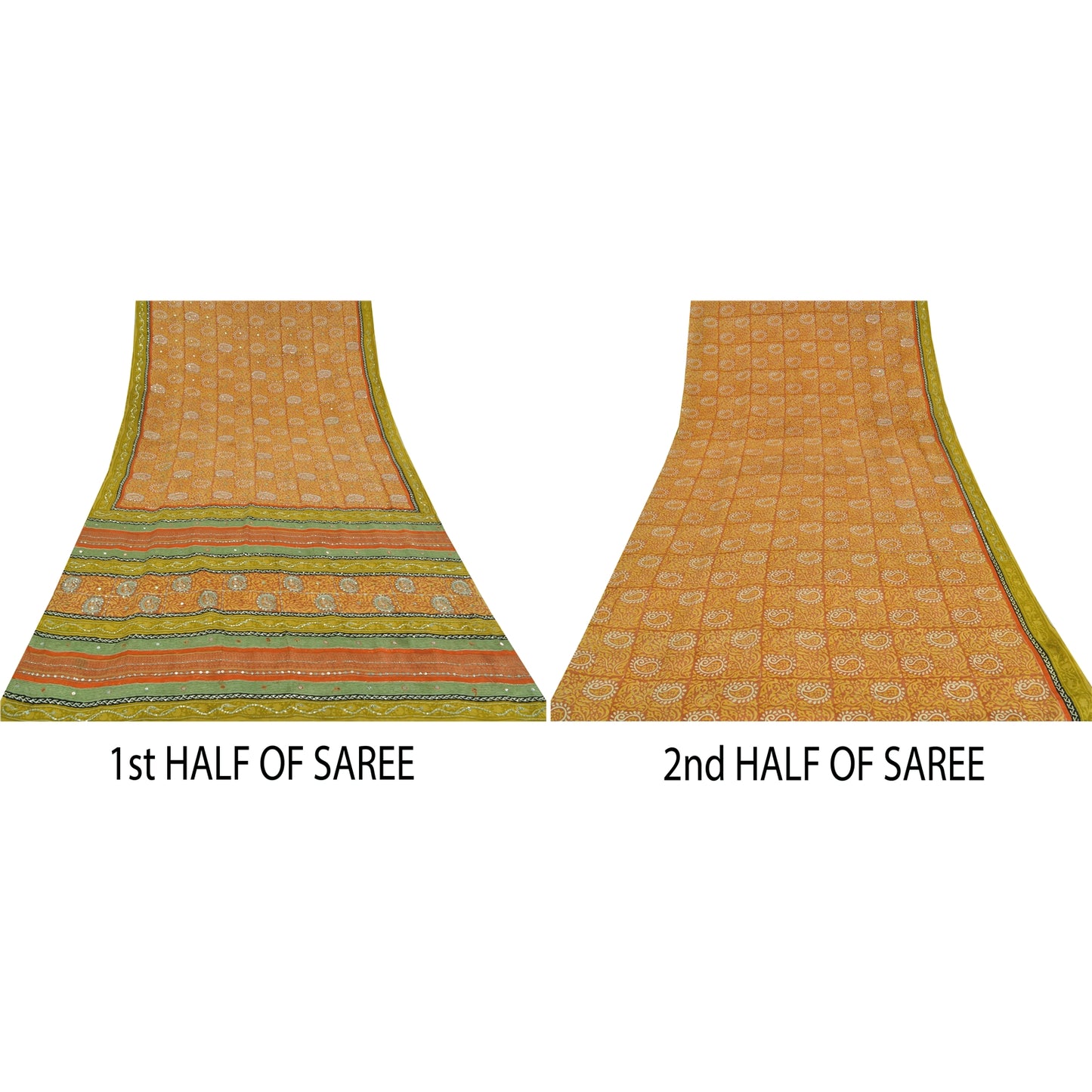 Sanskriti Vintage Sarees Orange Pure Crepe Hand Bead Sequins Printed Sari Sustainable Fabric