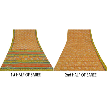 Sanskriti Vintage Sarees Orange Pure Crepe Hand Bead Sequins Printed Sari Sustainable Fabric