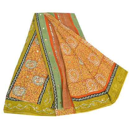 Sanskriti Vintage Sarees Orange Pure Crepe Hand Bead Sequins Printed Sari Sustainable Fabric