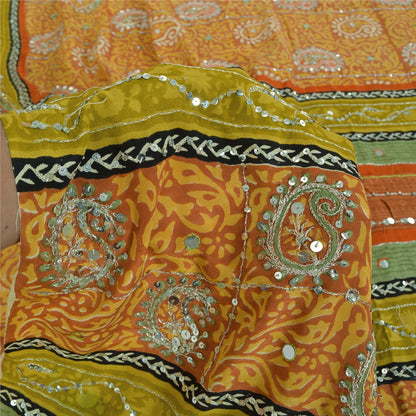 Sanskriti Vintage Sarees Orange Pure Crepe Hand Bead Sequins Printed Sari Sustainable Fabric
