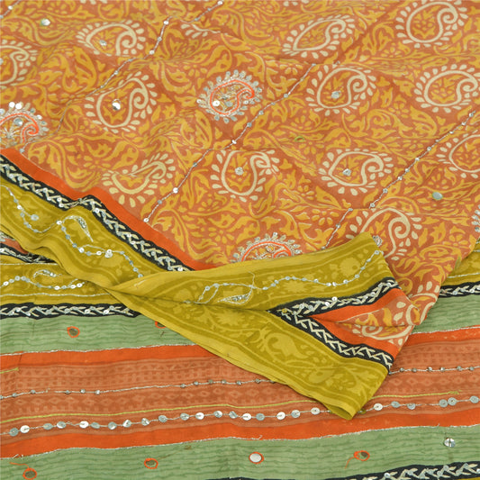 Sanskriti Vintage Sarees Orange Pure Crepe Hand Bead Sequins Printed Sari Sustainable Fabric