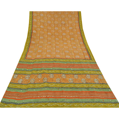 Sanskriti Vintage Sarees Orange Pure Crepe Hand Bead Sequins Printed Sari Sustainable Fabric